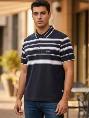 Hugo Boss Black White Grey Modern Cotton Striped Polo  Shirt Size Med